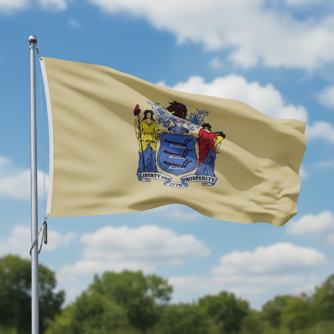 Depiction of New Jersey state flag on flagpole - Gates Flag & Banner
