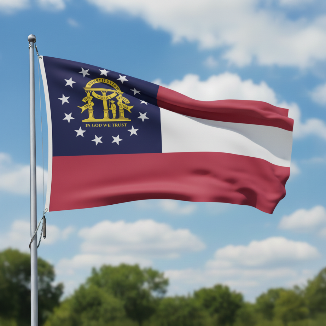 Depiction of Georgia U.S. state flag on flagpole - Gates Flag & Banner