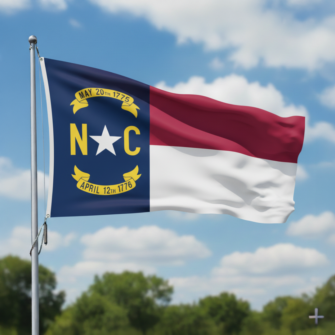 Depiction of North Carolina State Flag on flagpole - Gates Flag & Banner