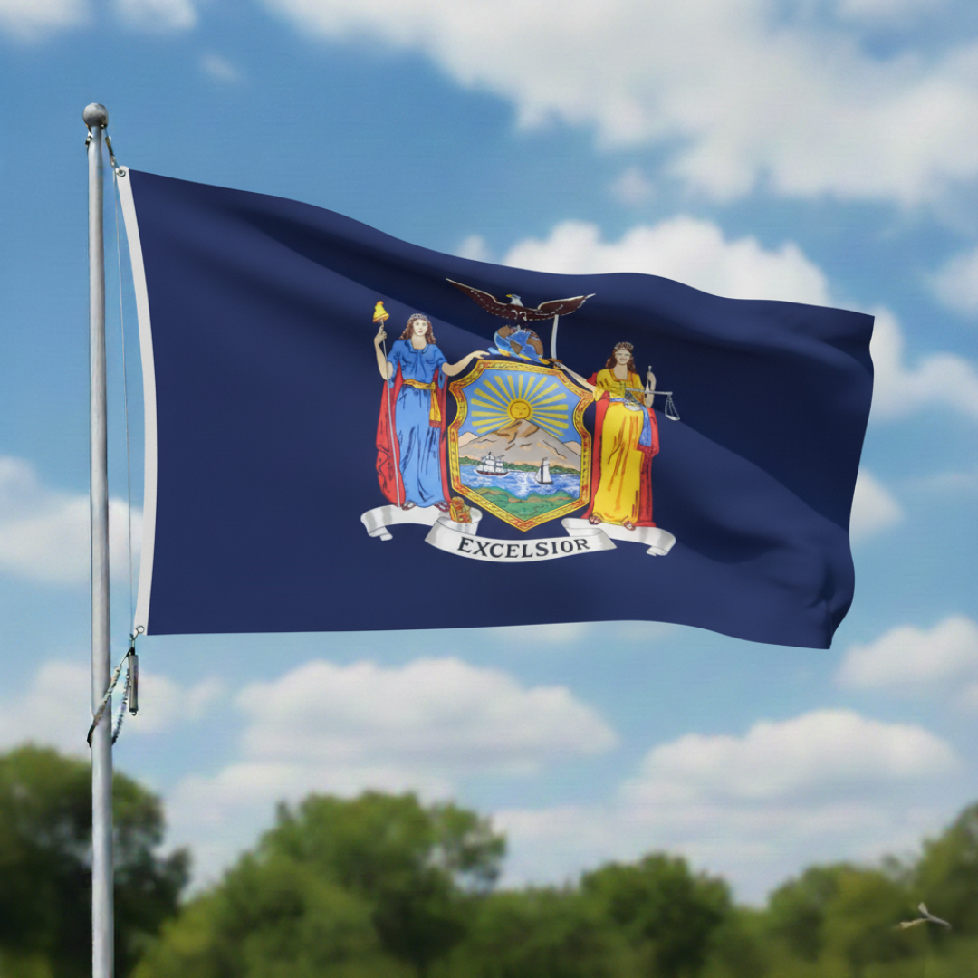 Depiction of New York State Flag on flagpole - Gates Flag & Banner
