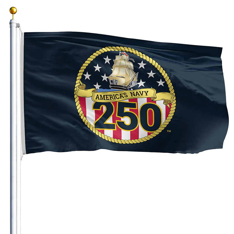 Depiction of U.S. Navy 250 Flag on flagpole