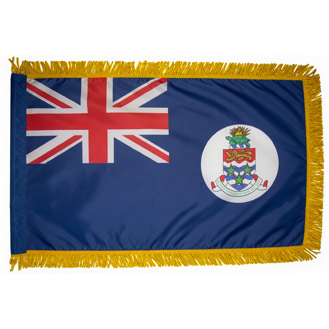 Depiction of Cayman Islands indoor pole hem & fringe flag - Gates Flag & Banner