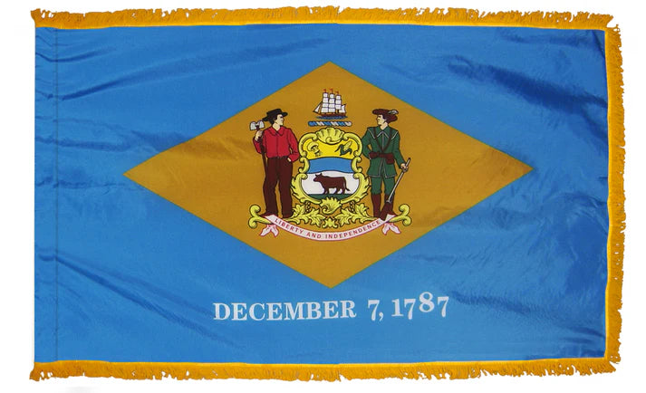 Depiction of Delaware state indoor pole hem with fringe flag- Gates Flag & Banner