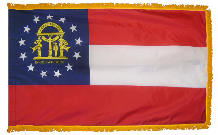 Depiction of Georgia U.S. state indoor pole hem with fringe flag - Gates Flag & Banner