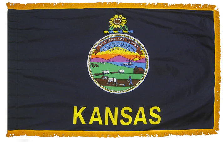 Depiction of Kansas State Indoor pole hem with Fringe flag - Gates Flag & Banner