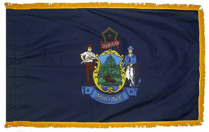 Depiction of Maine State indoor pole hem with fringe flag - Gates Flag & Banner