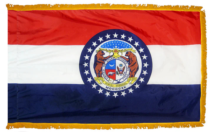 Depiction of Missouri State indoor pole hem with fringe flag - Gates Flag & Banner
