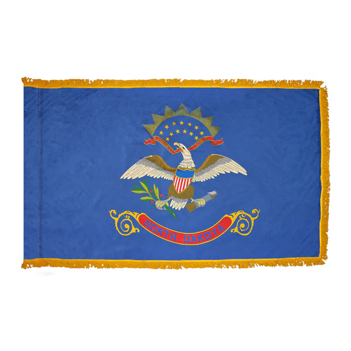 Depiction of North Dakota State Indoor pole hem with fringe flag - Gates Flag & Banner