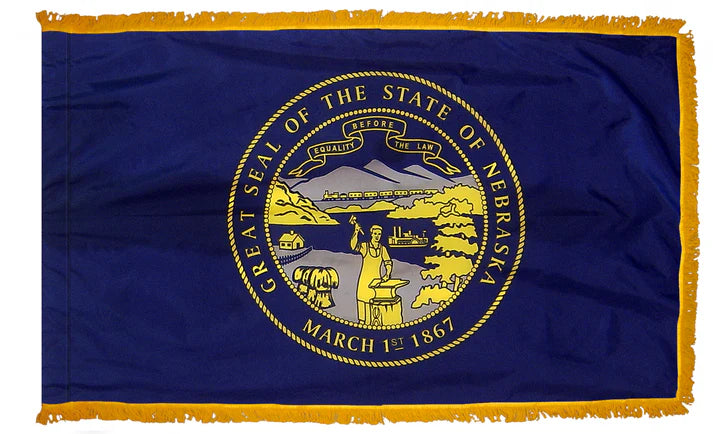 Depiction of Nebraska State Indoor pole hem with fringe flag - Gates Flag & Banner