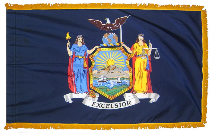 Depiction of New York State Indoor pole hem with fringe flag - Gates Flag & Banner