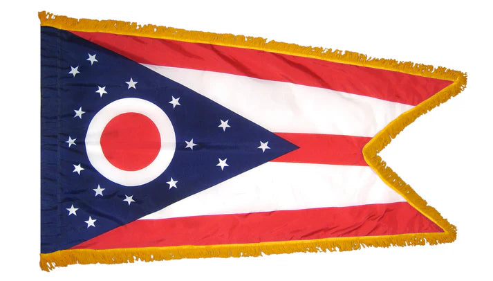 Depiction of Ohio State Indoor pole hem with fringe flag - Gates Flag & Banner