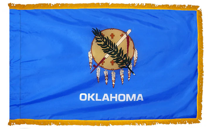 Depiction of Oklahoma State Indoor pole hem with fringe flag - Gates Flag & Banner