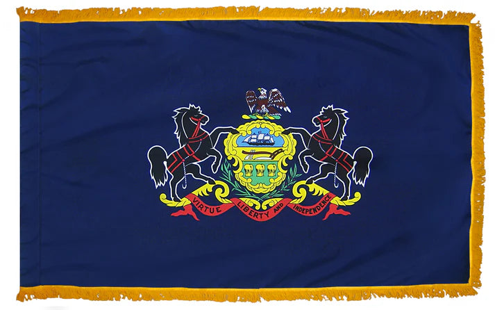 Depiction of Pennsylvania State Indoor pole hem with fringe flag - Gates Flag & Banner