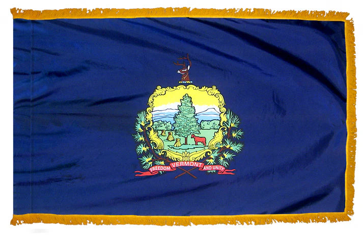 Depiction of Vermont State Indoor Pole Hem with Fringe Flag - Gates Flag & Banner