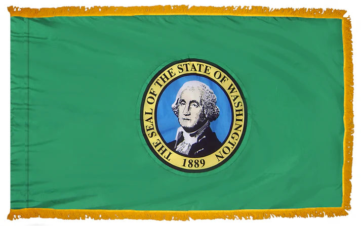 Depiction of Washington State Indoor Pole Hem with Fringe Flag - Gates Flag & Banner
