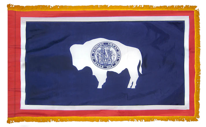 Depiction of Wyoming State Indoor Pole Hem with Fringe Flag - Gates Flag & Banner