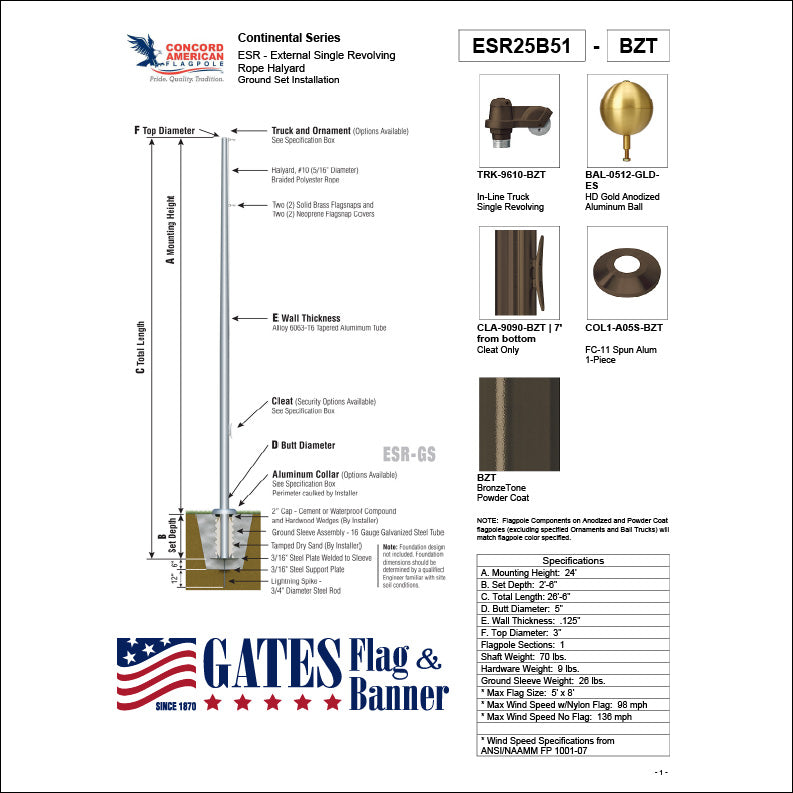 25ft Commercial Aluminum Flagpole