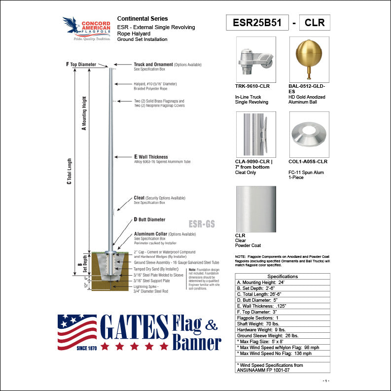 25ft Commercial Aluminum Flagpole