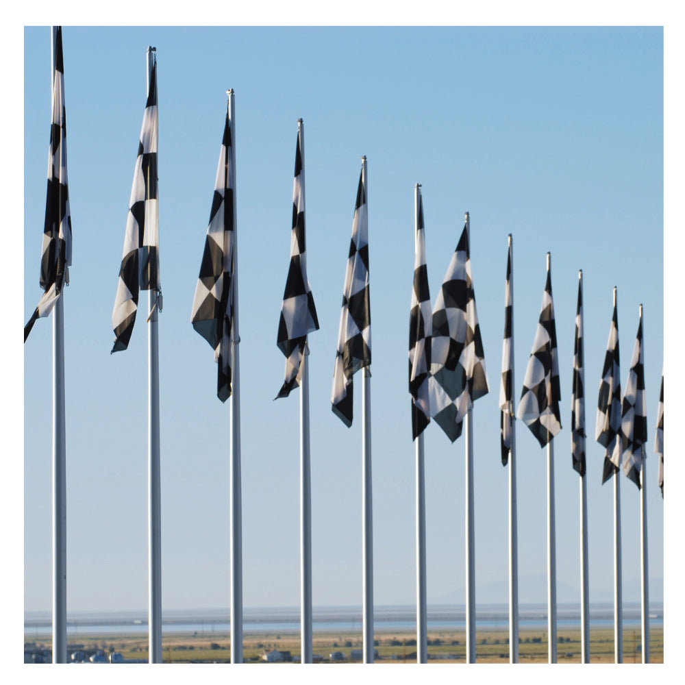 A row of black and white checkered flags waving under a clear blue sky