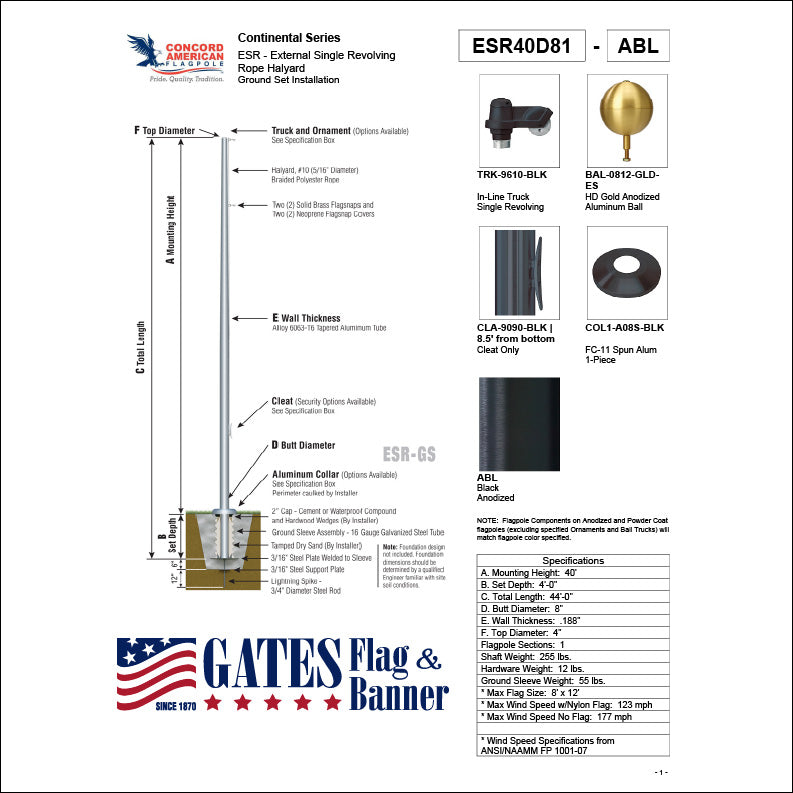 40ft Commercial Aluminum Flagpole