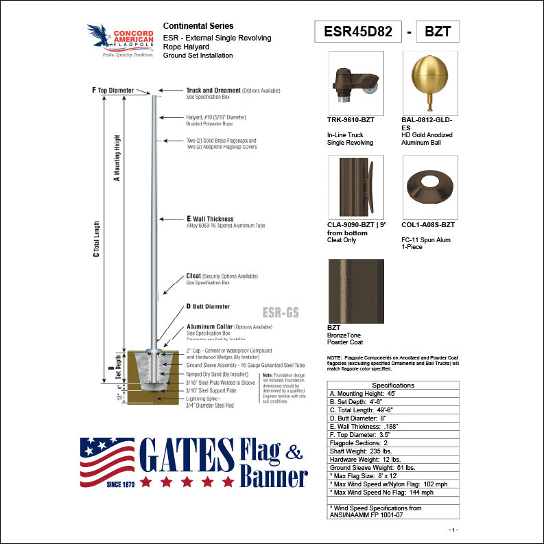 45ft Commercial Aluminum Flagpole