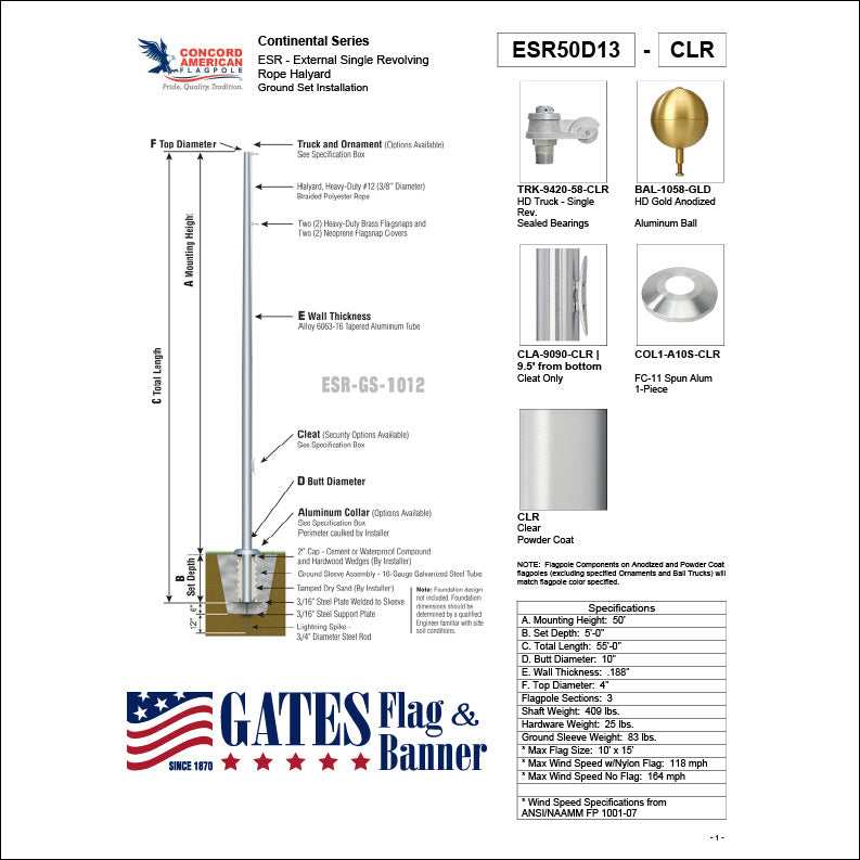 50ft Commercial Aluminum Flagpole