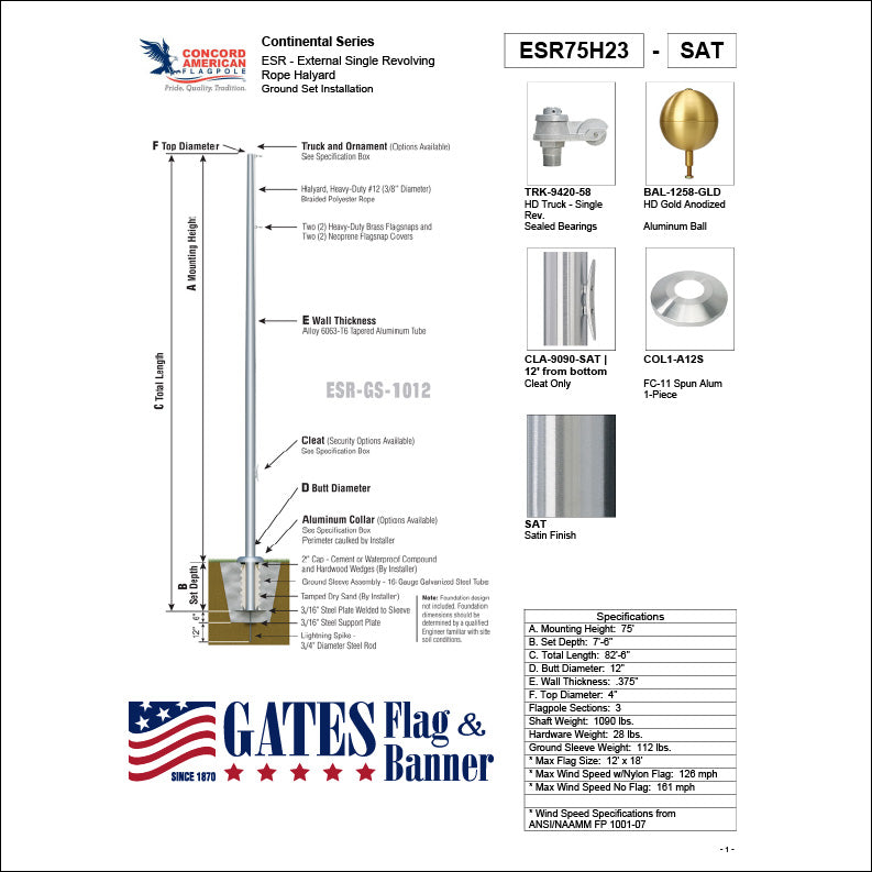75ft Commercial Aluminum Flagpole