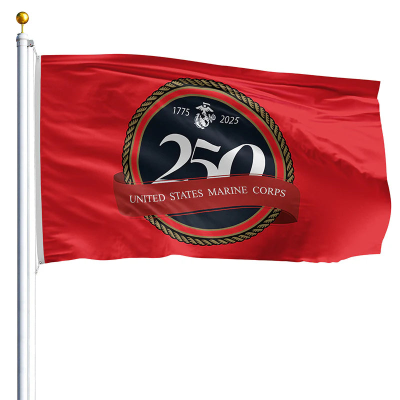 Red flag with 250th anniversary emblem of the United States Marine Corps on a white background