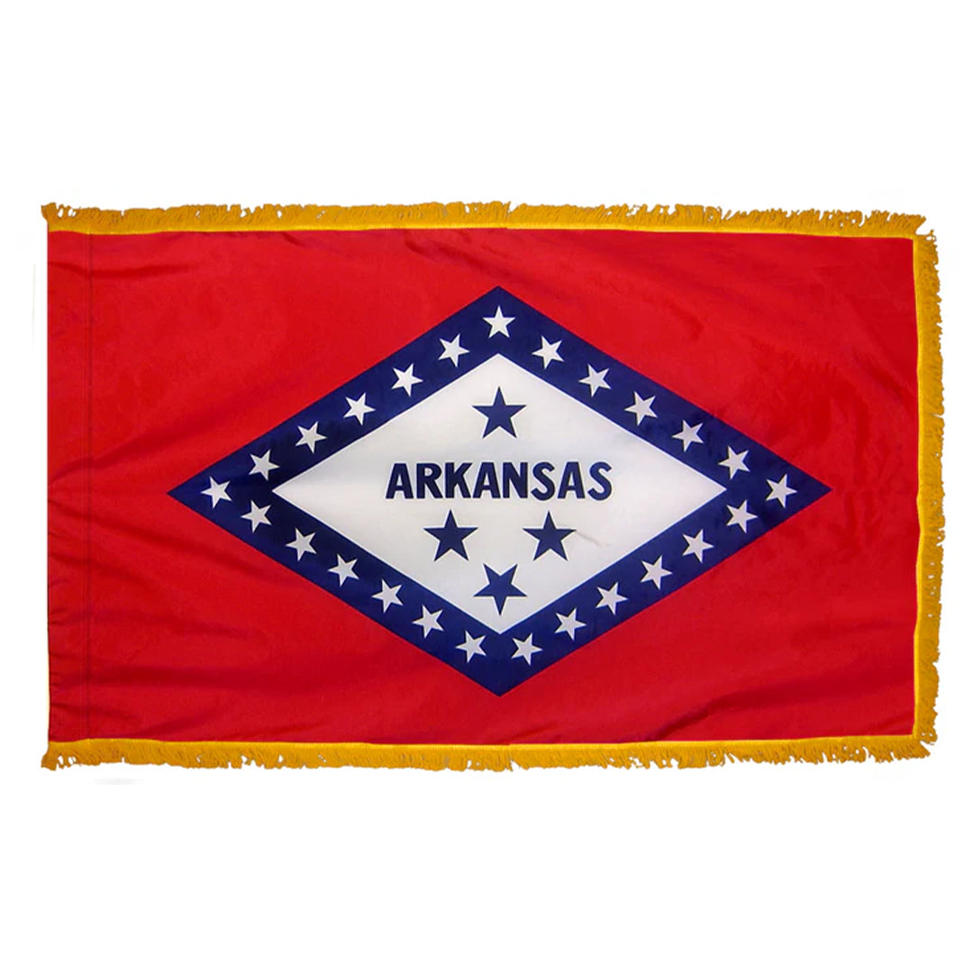 Depiction of Arkansas State Indoor pole hem fringe Flag - Gates Flag & Banner