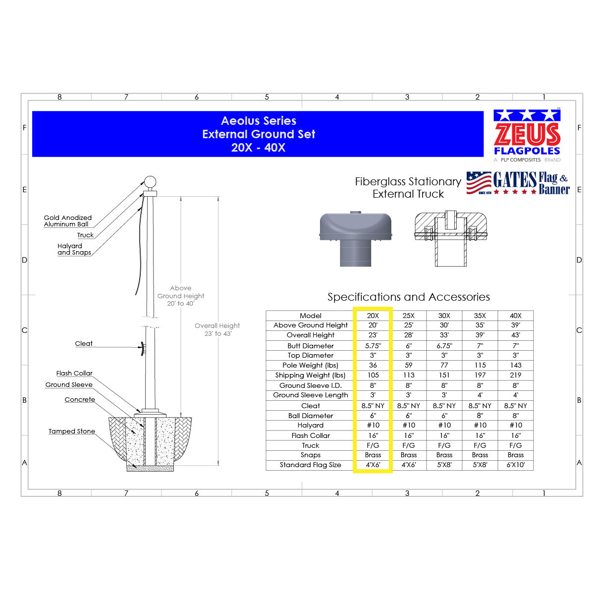 20ft Commercial Fiberglass Flagpole