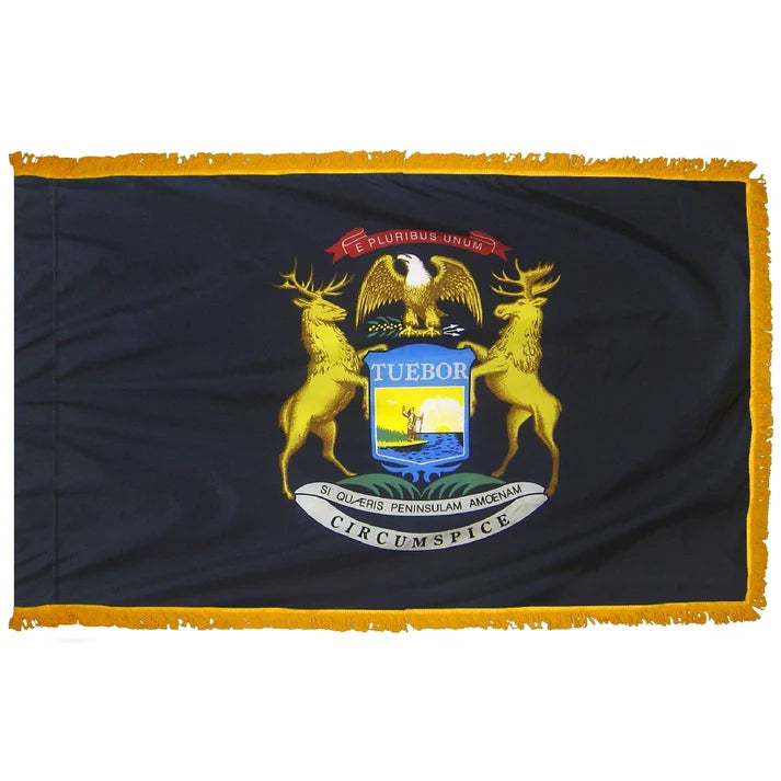 Depiction of Michigan State Indoor pole hem with fringe flag - Gates Flag & Banner 