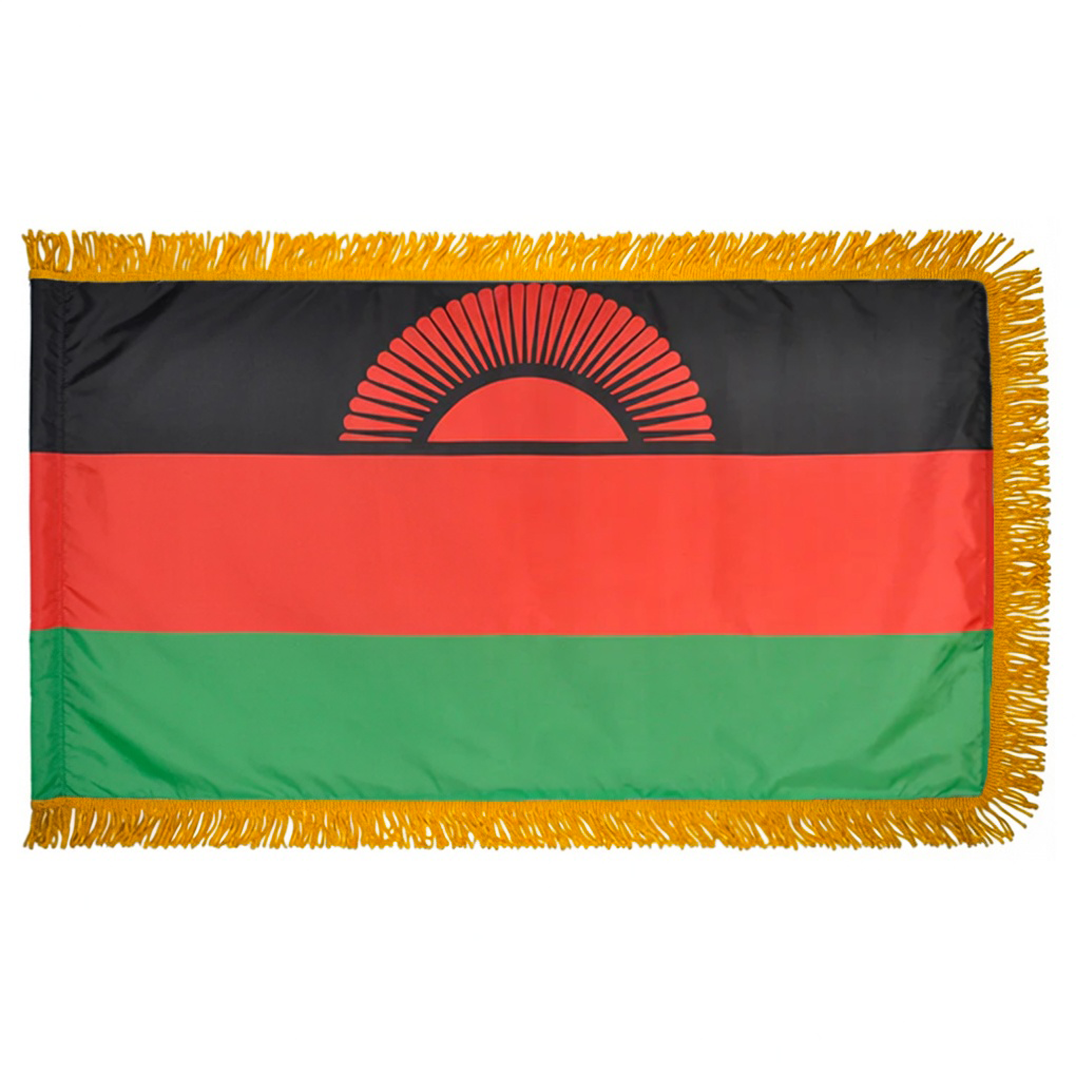 Depiction of Malawi indoor pole hem & fringe flag - Gates Flag & Banner