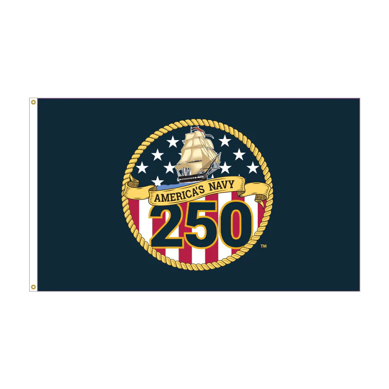 Navy blue flag with 'America's Navy 250' emblem featuring a ship and stars.