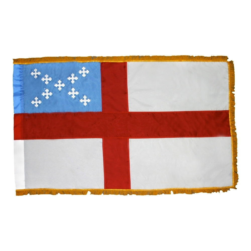 Episcopal flag set featuring a red cross on a white field, blue canton with nine white crosses