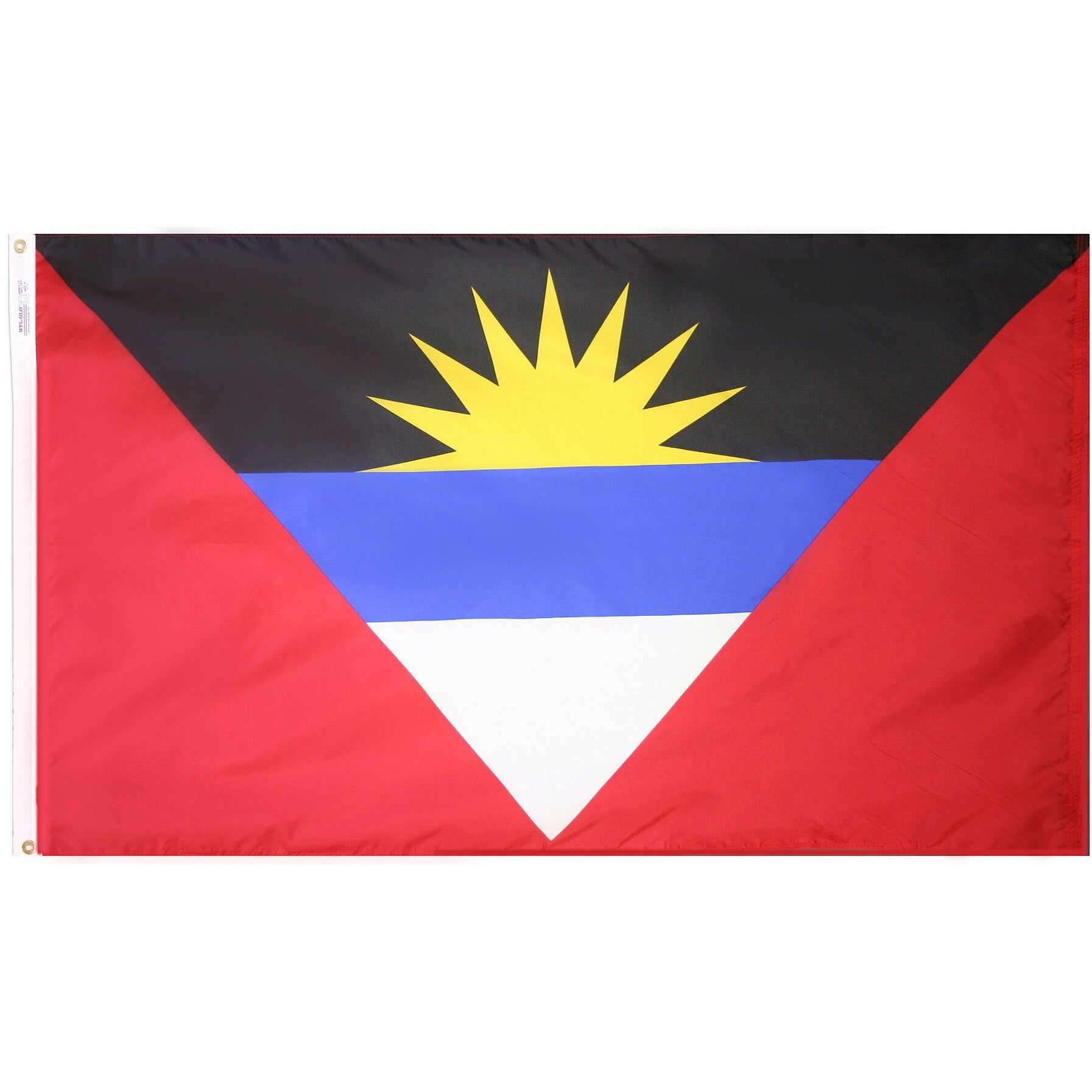 an Antigua red white and blue flag with a yellow sun on it