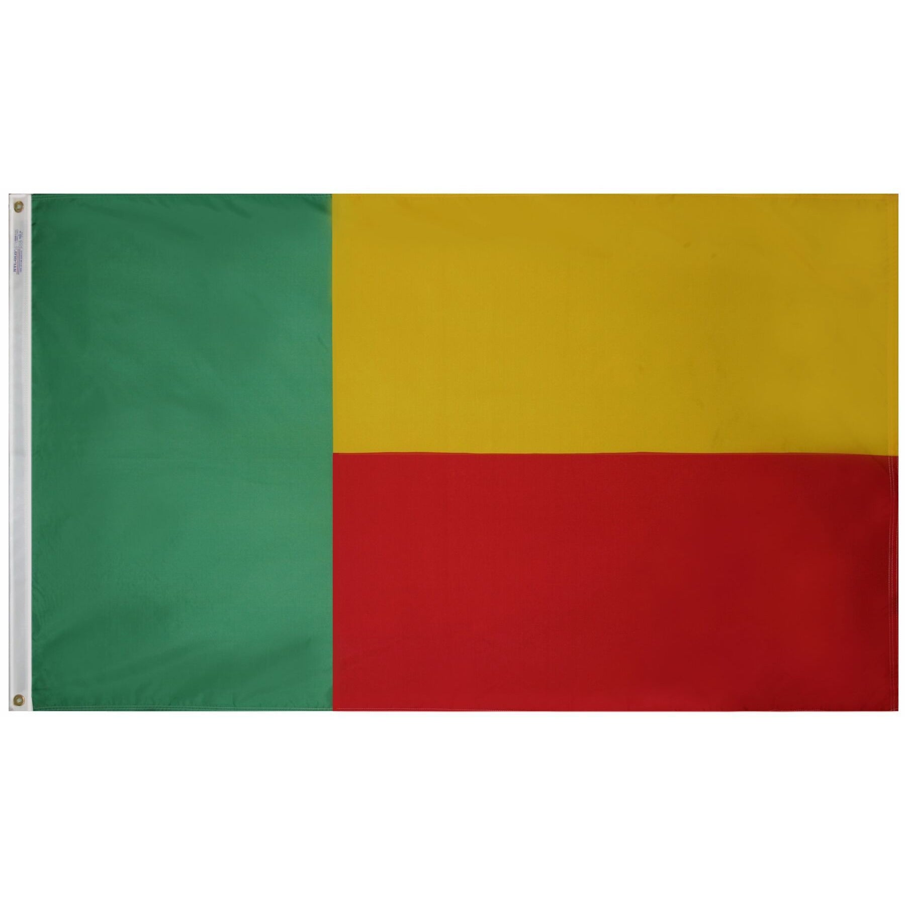 Benin flag featuring a green vertical section on the left and a yellow and red  section on the right