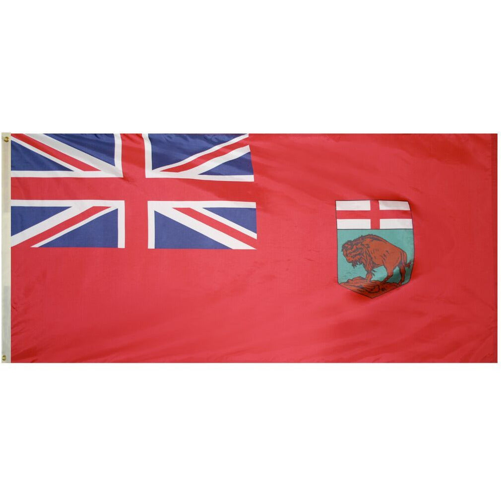 Manitoba flag featuring a red field with the Union Jack and a bison on a green shield emblem in the fly