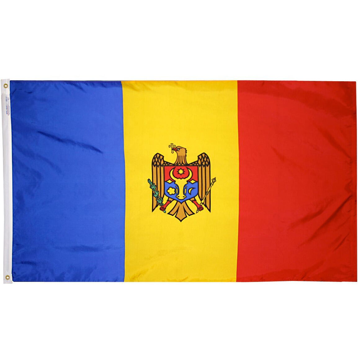 The Moldova flag with three vertical stripes in blue, yellow and red, with the country's coat of arms in the center