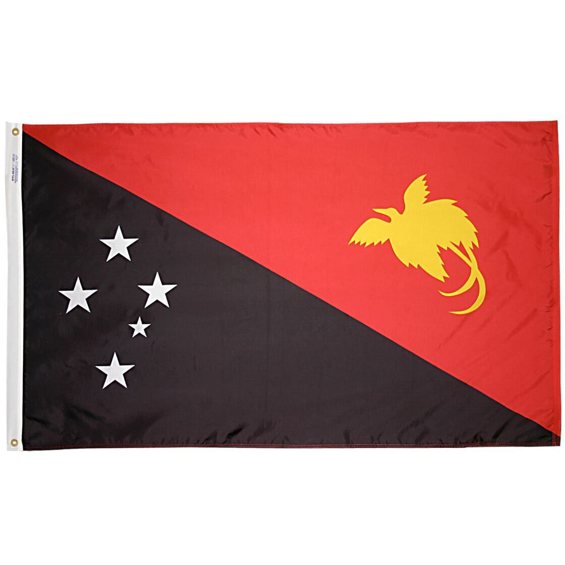 the red and black flag of Papua new guinea with a yellow bird and white stars on it 