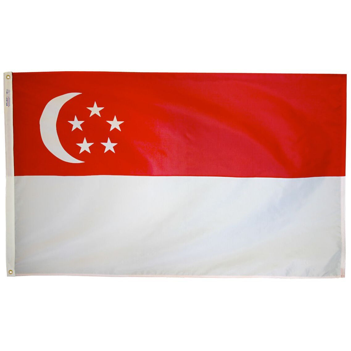 a Singapore red and white flag with white stars and a crescent moon