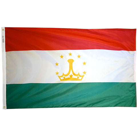 a Tajikistan red white and green flag with a yellow crown on it