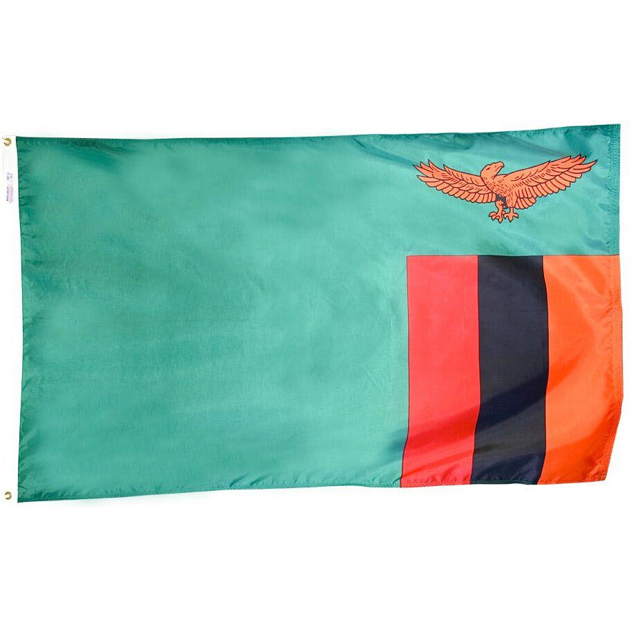 Zambia flag with green field, orange eagle, and vertical red, black and orange stripes on the right