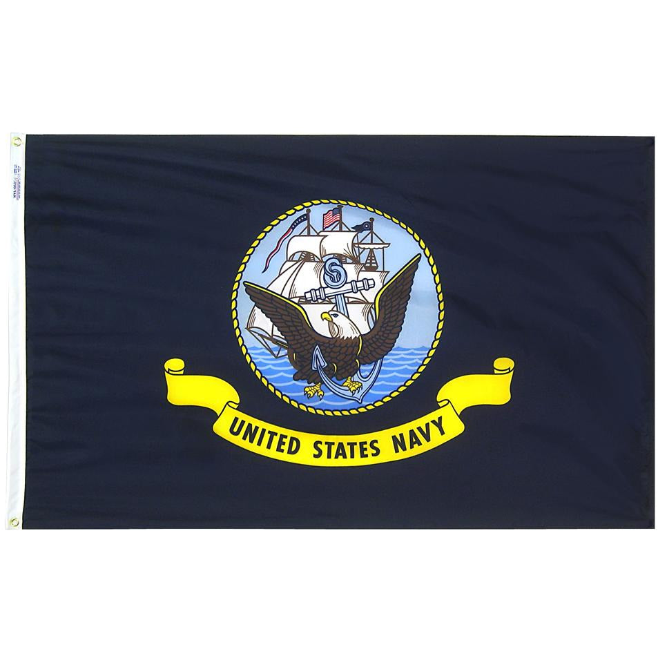 U.S. Navy flag featuring a dark blue background, an eagle perched on an anchor, and a yellow 'United States Navy' banner