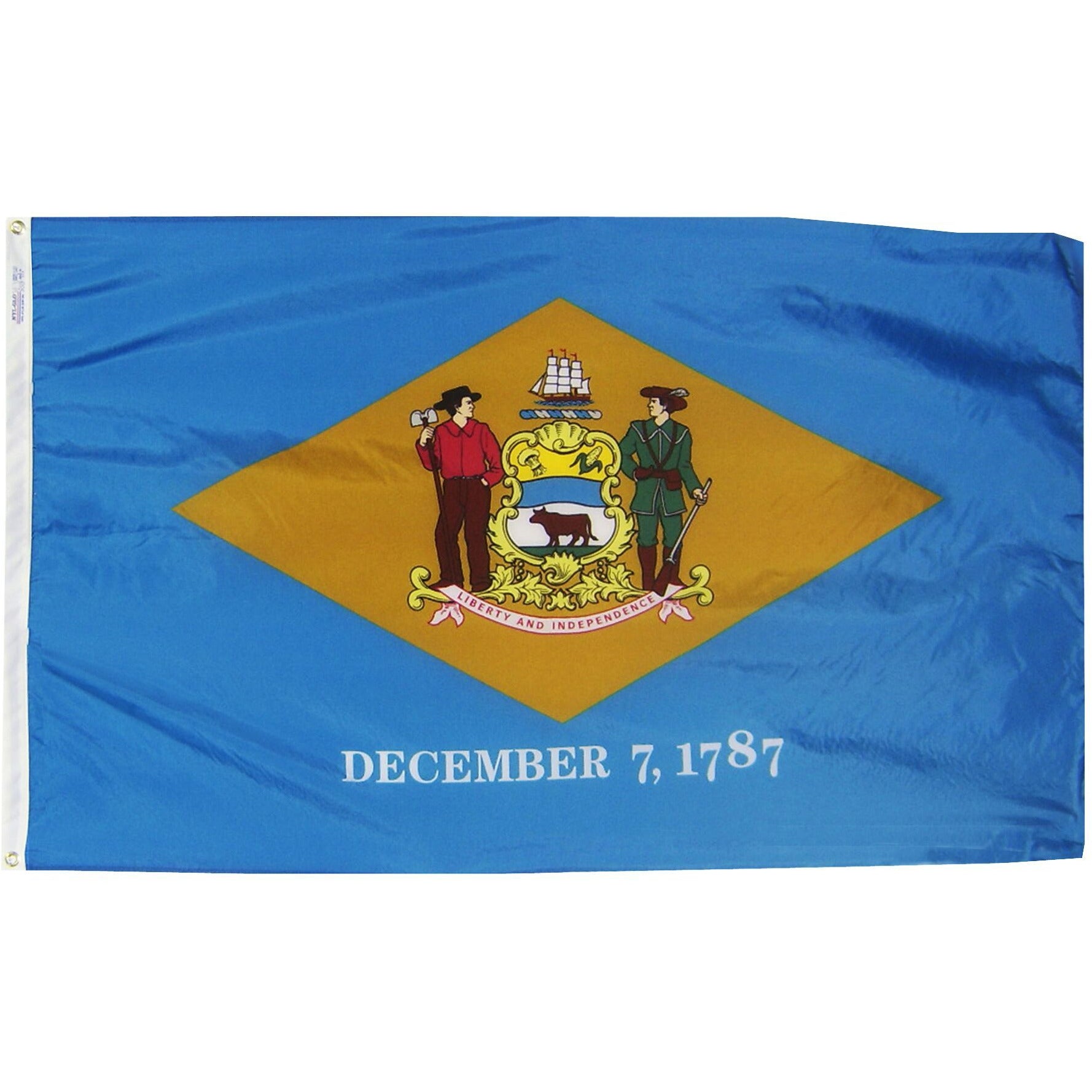 a Delaware blue flag that says December 7, 1787 below a group of people in a yellow triangle 