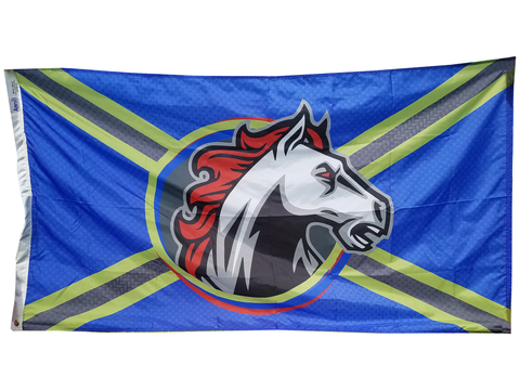 a blue and yellow flag with a horse on it